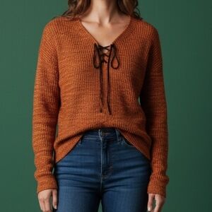MUSE Silk Lace-Up Marled Knit Long Sleeve Sweater